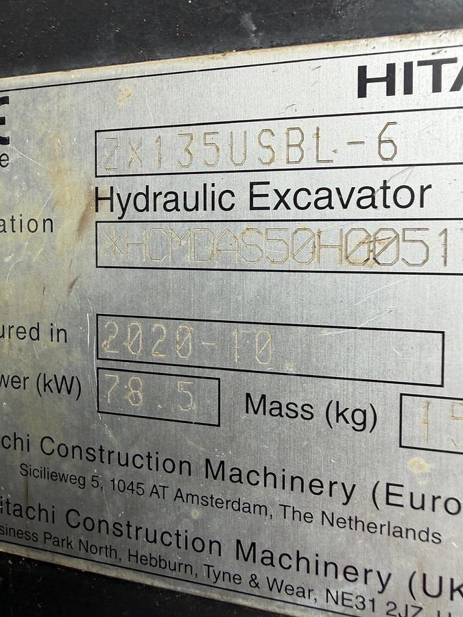 Used 2020 Hitachi ZX135US-6 Crawler Excavator 