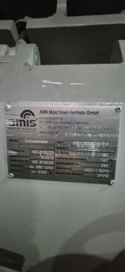 Used 2022 Amis GSH 800/1200 Plastics Granulator Plant 