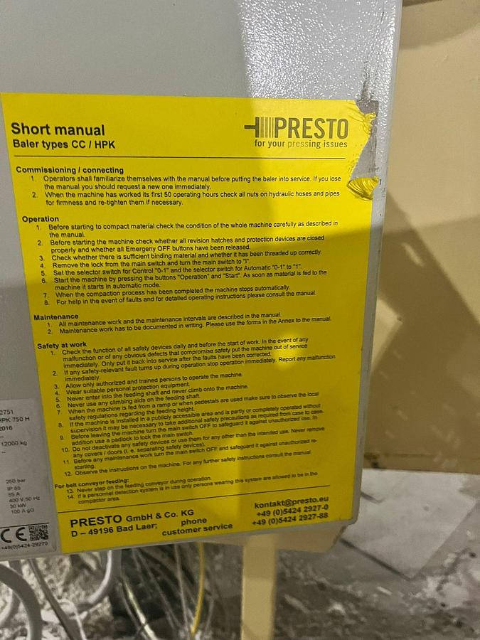 Used 2016 Presto HPK 750 H Horizontal Baler