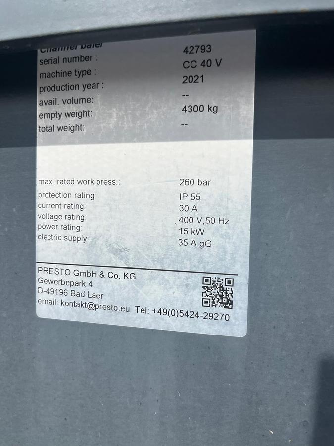 Used 2021 Presto CC40V Automatic Horizontal Chamber Baler 