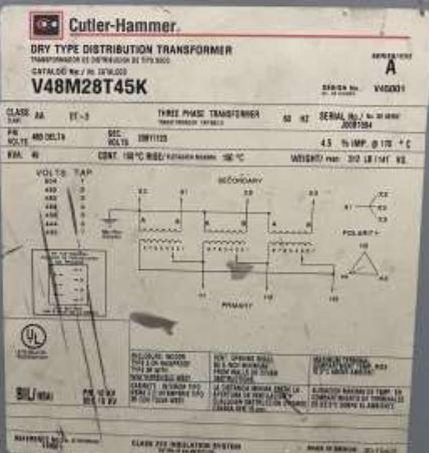 Used Cutler-Hammer 3 Phase Insulated Transformer 45KVA