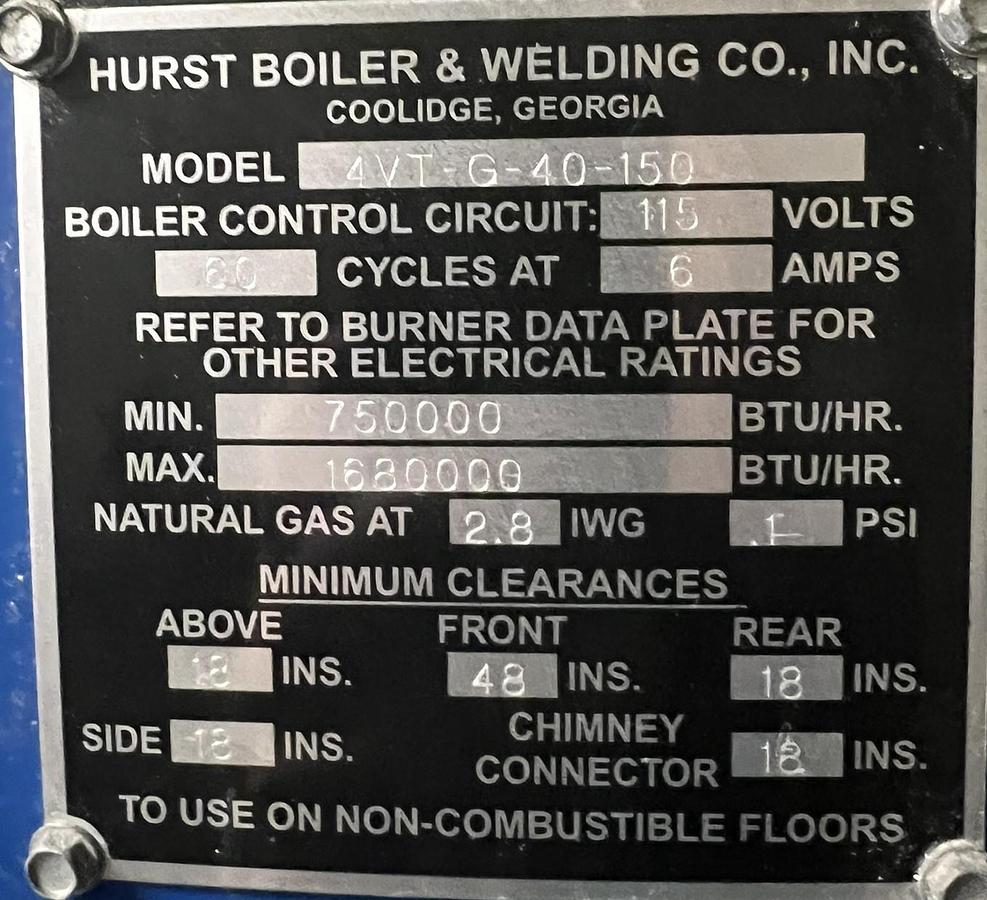 Used 2017 Hurst Boiler & Welding Co 4VT-G-40-150 VT Cyclone Steam Boiler