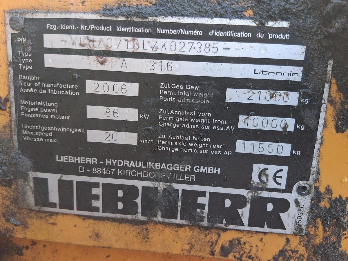 Used 2006 Liebherr A316 Litronic Wheel Wheeled Excavator