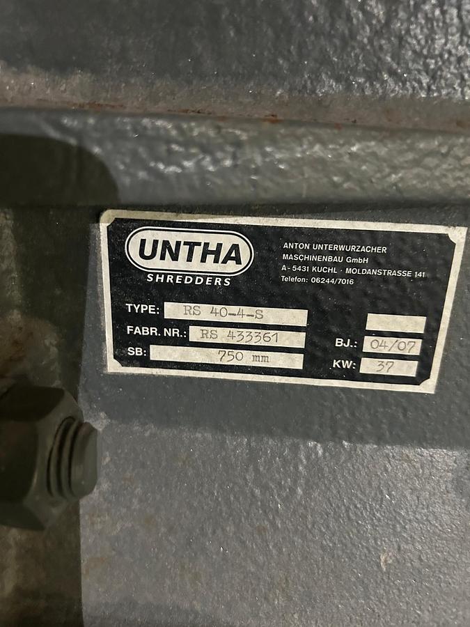 Used 2007 Untha RS 40-4-S 4 shaft