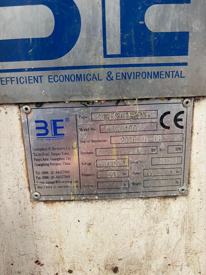 Used 2016 3E Machinery WT40100 PC4280R Single-shaft Shredder & Granulator Full Plant