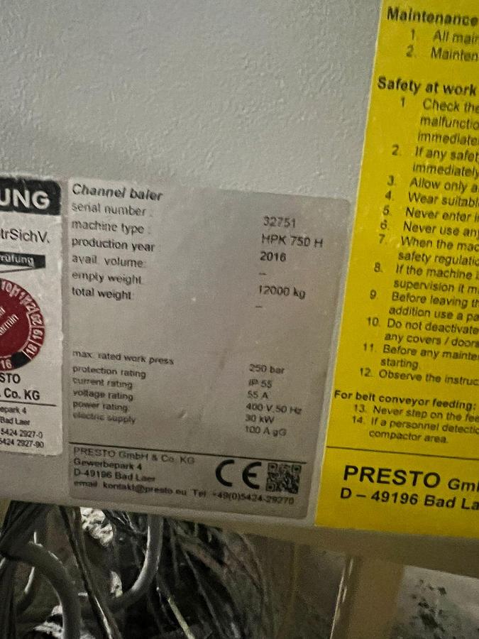 Used 2016 Presto HPK 750 H Horizontal Baler