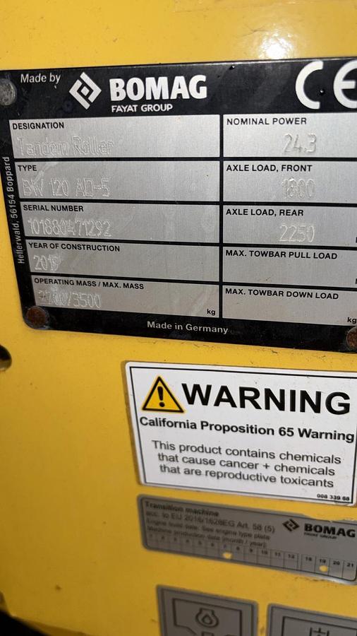 Used 2019 Bomag BW 120 AD-5 Tandem Roller Compactor