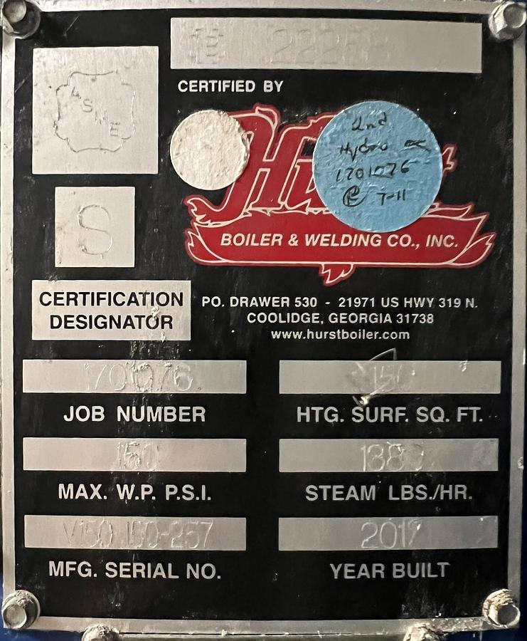 Used 2017 Hurst Boiler & Welding Co 4VT-G-40-150 VT Cyclone Steam Boiler