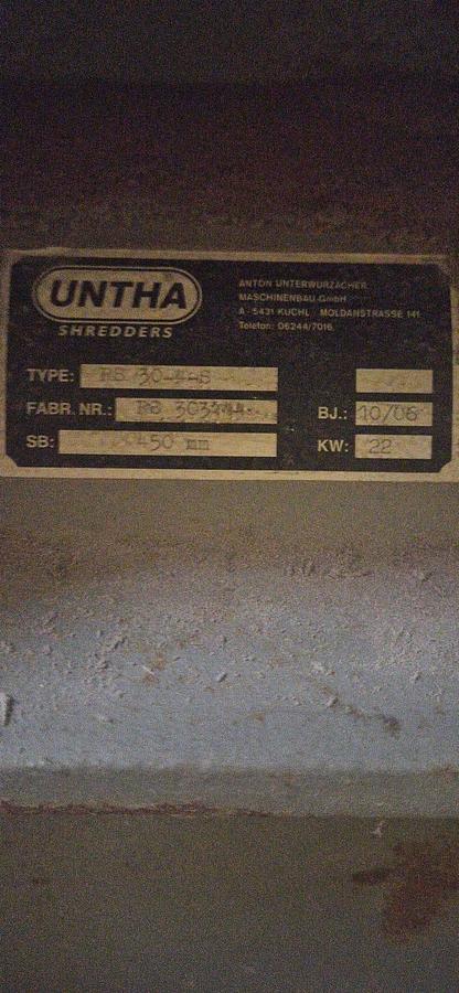 Used 2006 Untha RS 30 Four Shaft Quad Shredder
