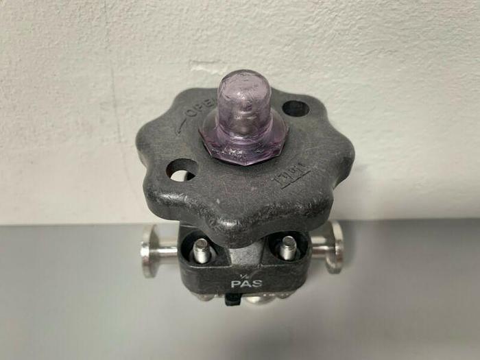 Used ITT Pure-Flo .5-316L-RA201163 Diaphragm Valve, w/ Three 1" Sanitary Fittings
