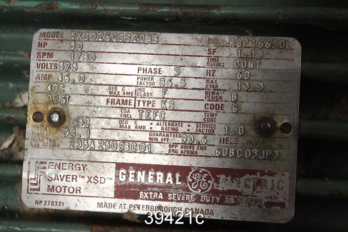 Used General Electric 50 HP AC Motor, 1780 RPM, 575 Volts, 326T Frame #39421