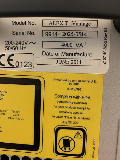 Used 2011 Candela Alex Trivantage Alexandrite 755 , KTP-Qswitched 532 nm, ND YAG 1064