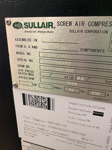 Used 2016 Sullair 10HP AIr Compressor & Sullair Dryer ST709 AC
