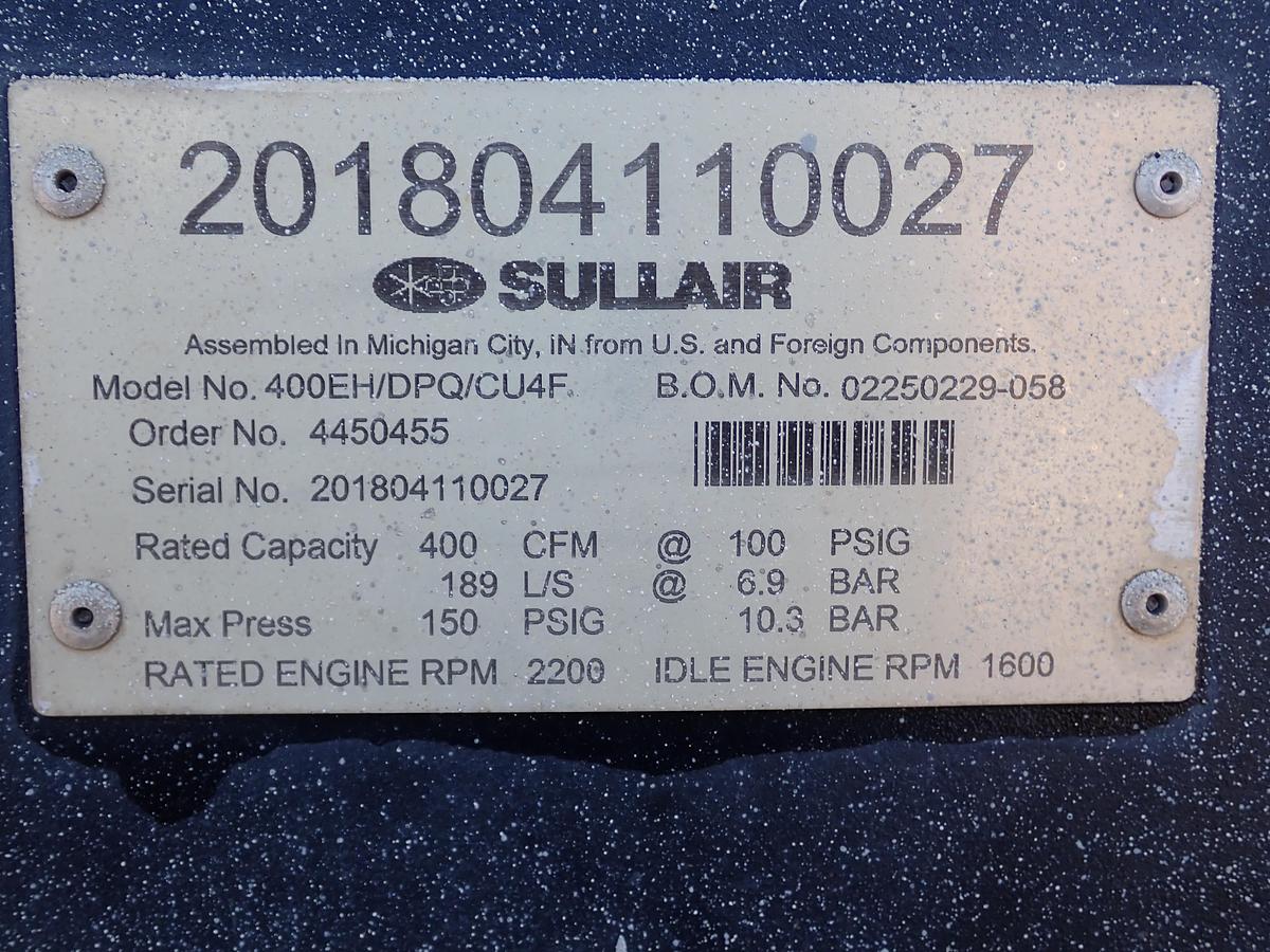 Used 2018 Sullair 400EH DPQ 400 CFM Air Compressor