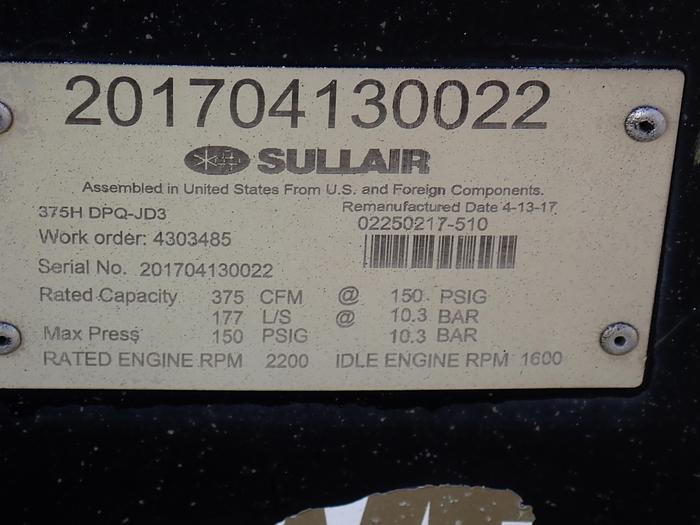 Used 2017 Sullair 375HDPQ 375 CFM Air Compressor JOHN DEERE DIESEL