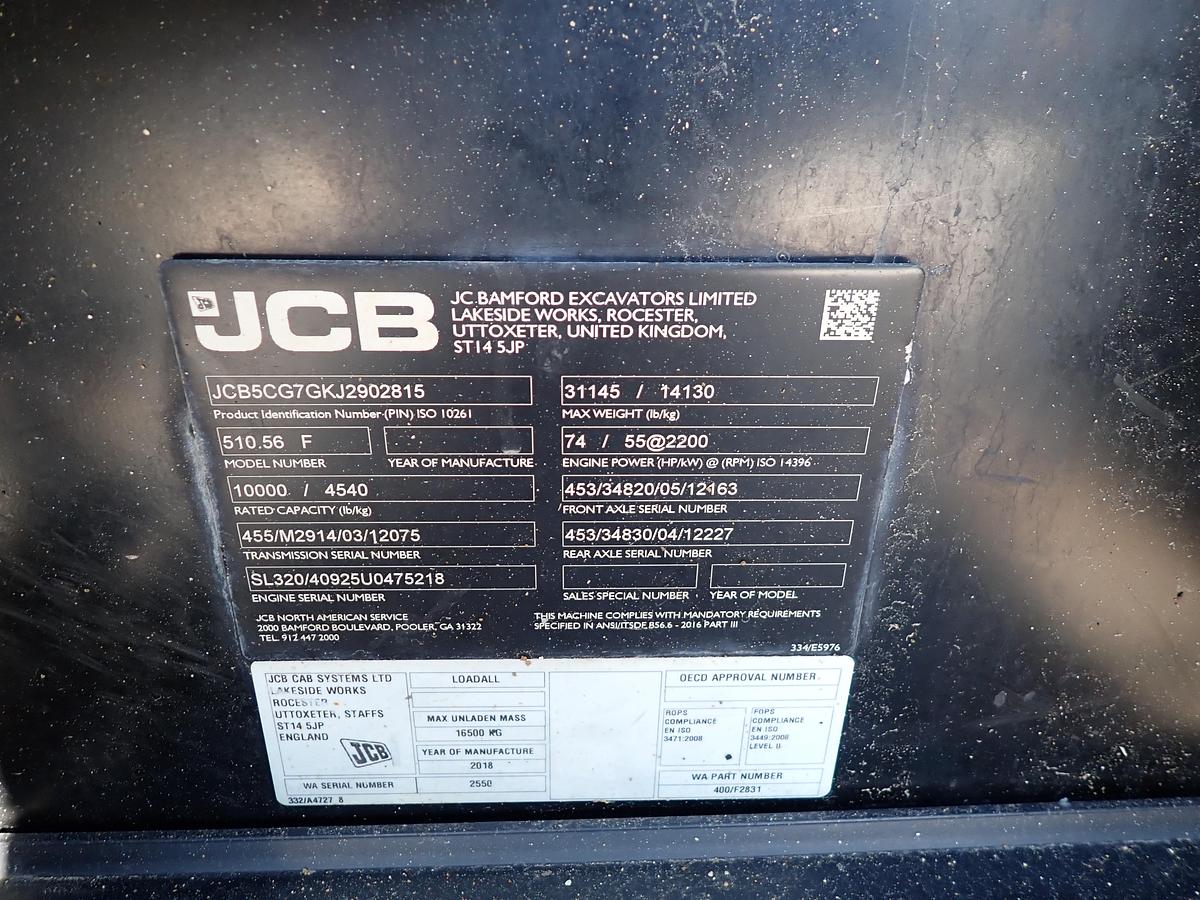 Used 2018 JCB 510-56 10K Telehandler