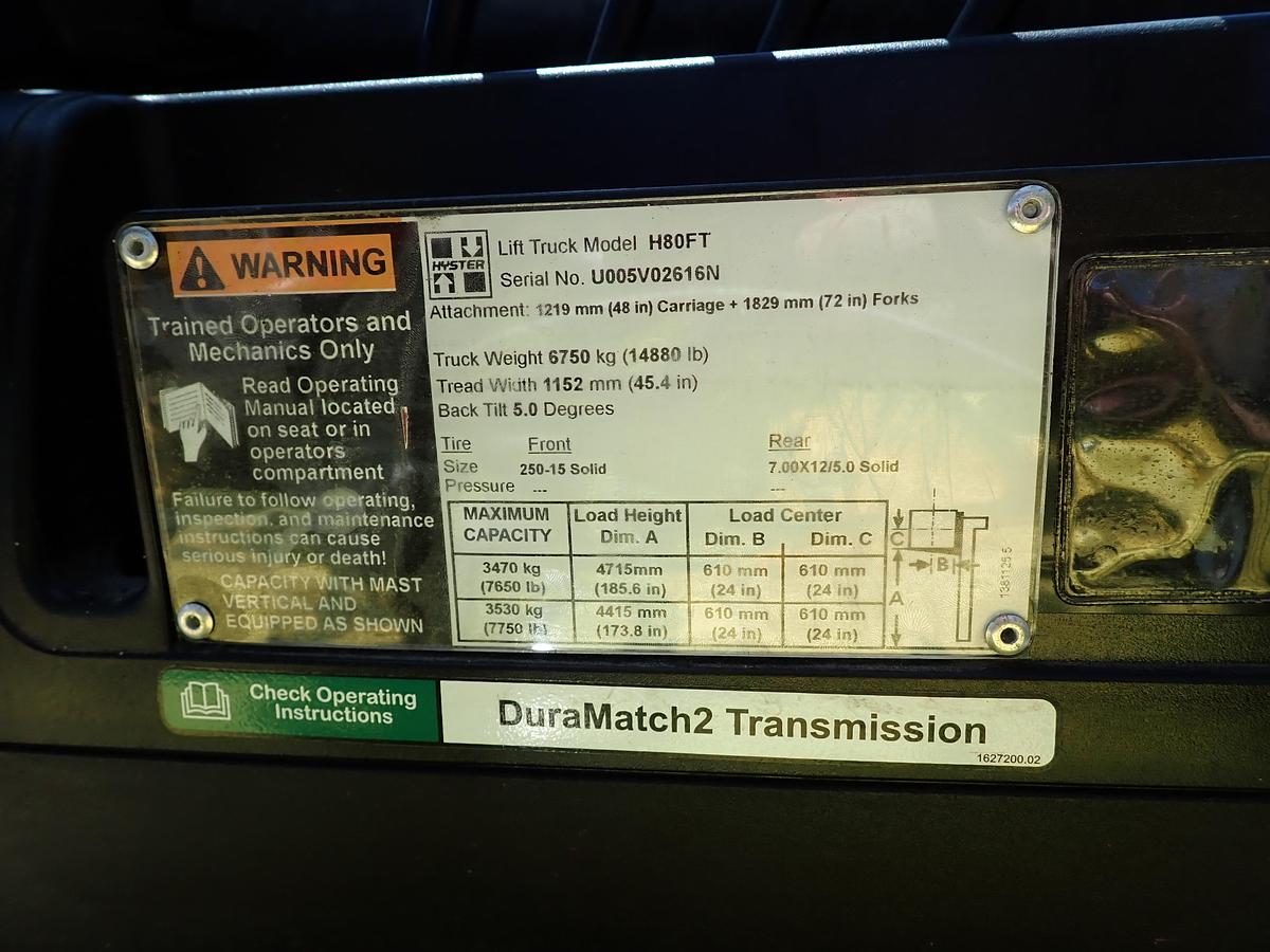 Used 2015 Hyster H80FT Diesel Forklift LOW HOURS! POSITIONERS!