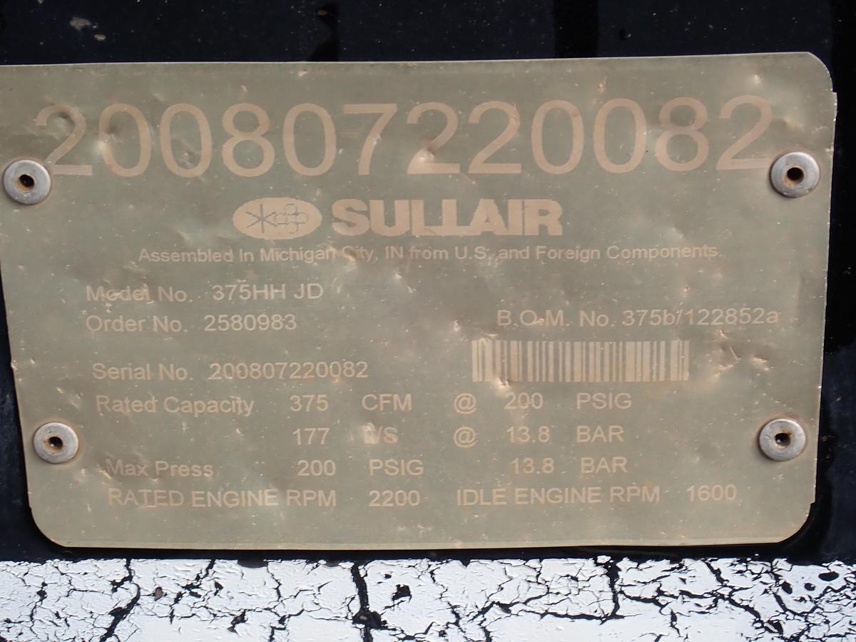 Used 2008 Sullair 375HH 375 CFM Air Compressor 200 PSI 49 ORIGINAL HOURS!