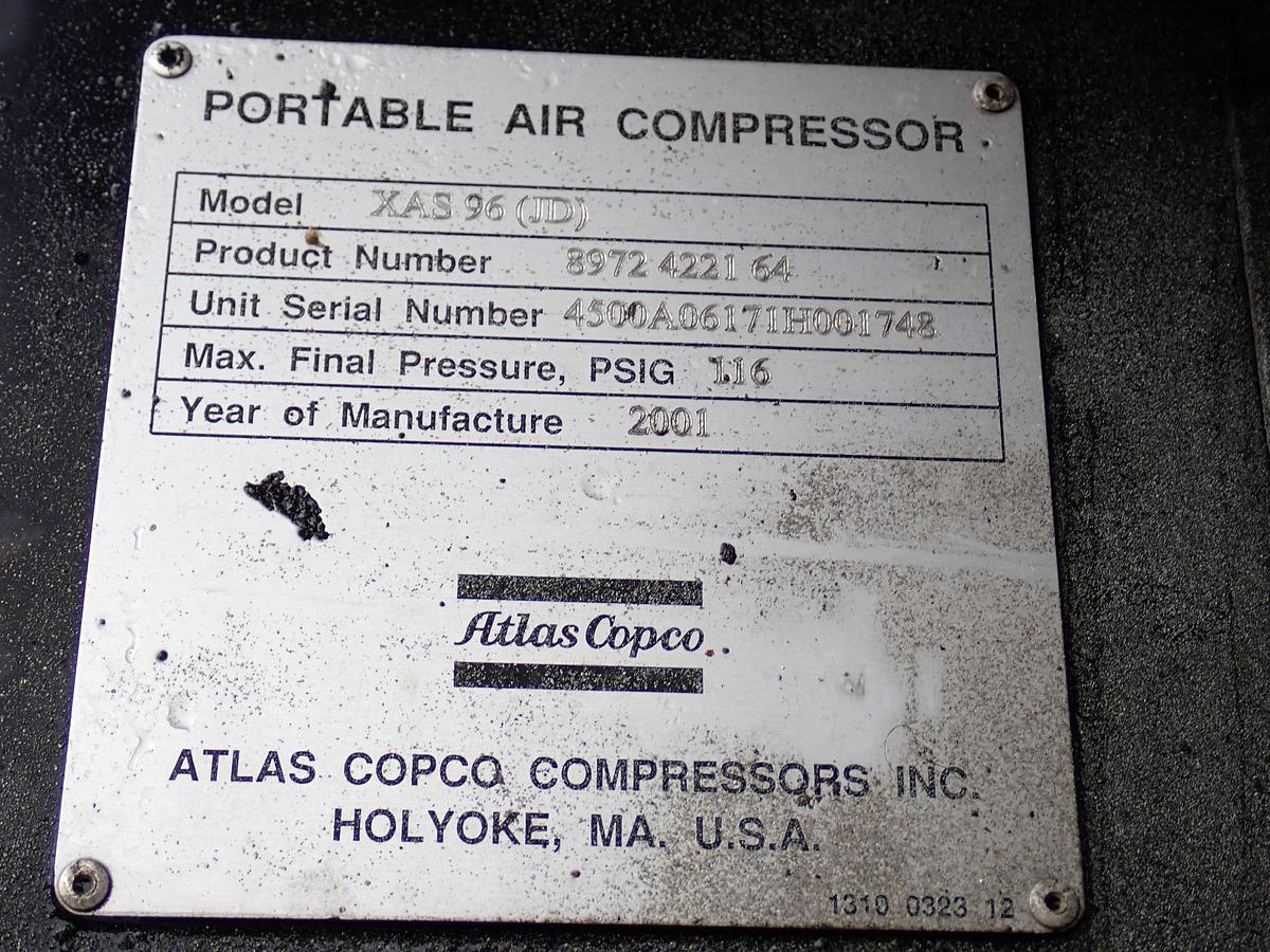 Used 2001 Atlas Copco XAS96 185 CFM Air Compressor
