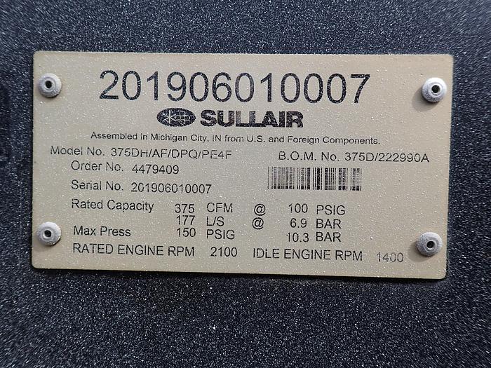 Used 2019 Sullair 375DH/AF/DPQ Air Compressor