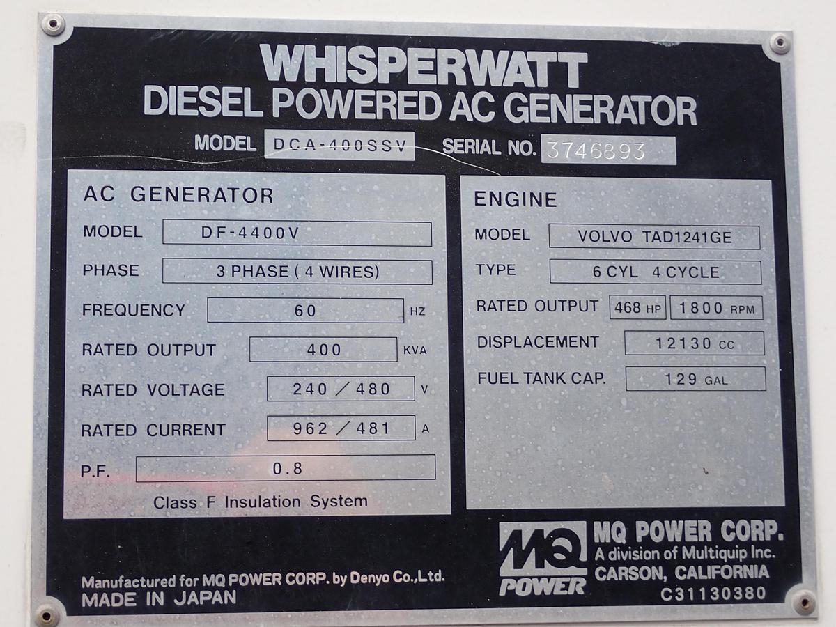 Used 2005 Multiquip DCA400SSV 320 KW Generator VOLVO DIESEL