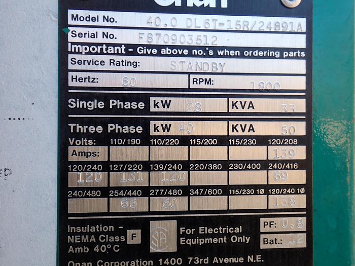 Used Cummins Onan 40.0 DL6T 40 KW Generator