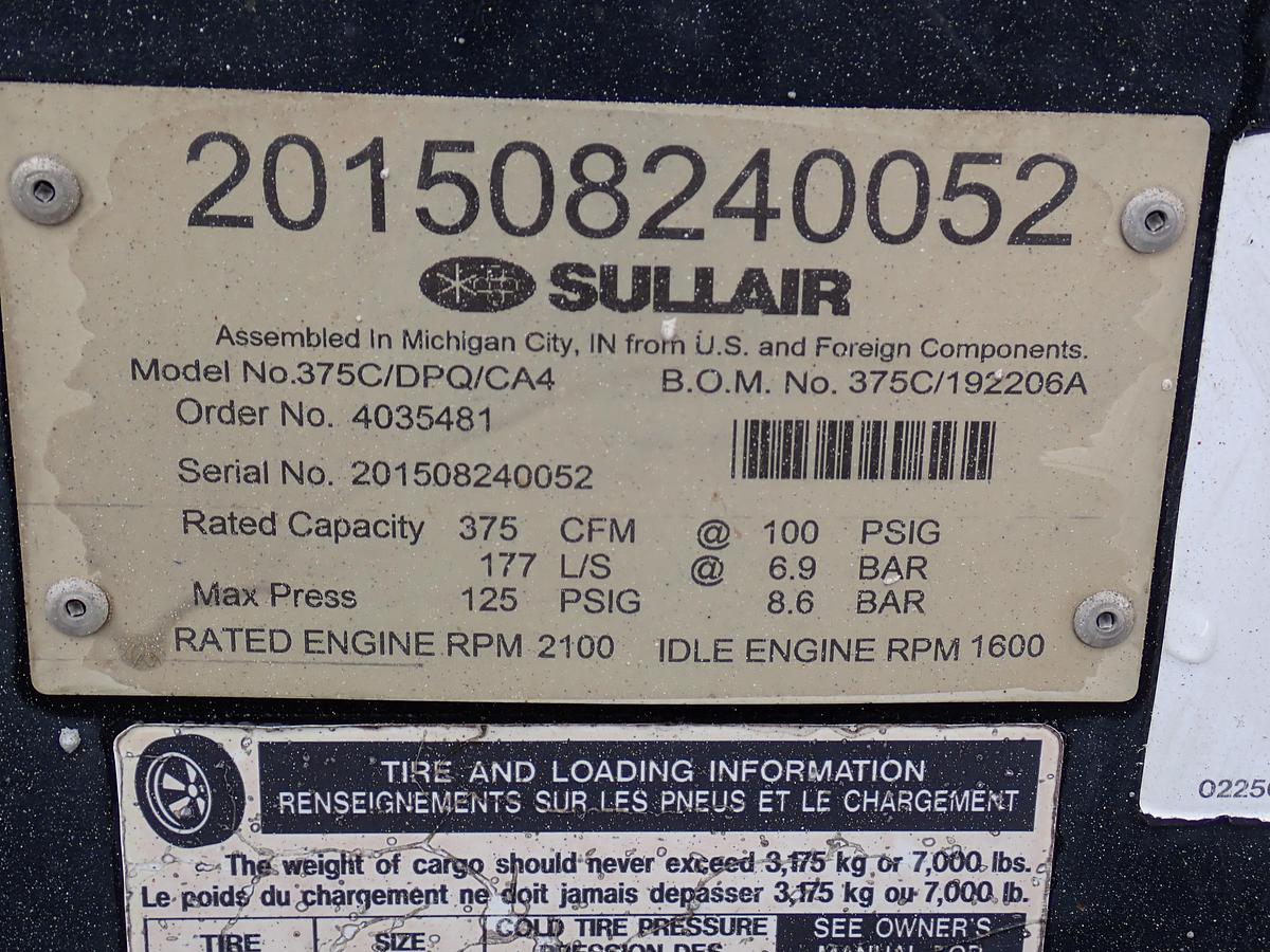 Used 2015 Sullair 375C Air Compressor CAT DIESEL 375 CFM 1678 HOURS