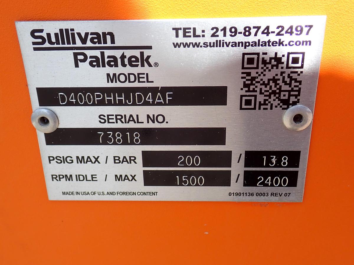 Used 2019 Sullivan Palatek D400PHHJD4AF 400 CFM Air Compressor 168 HOURS