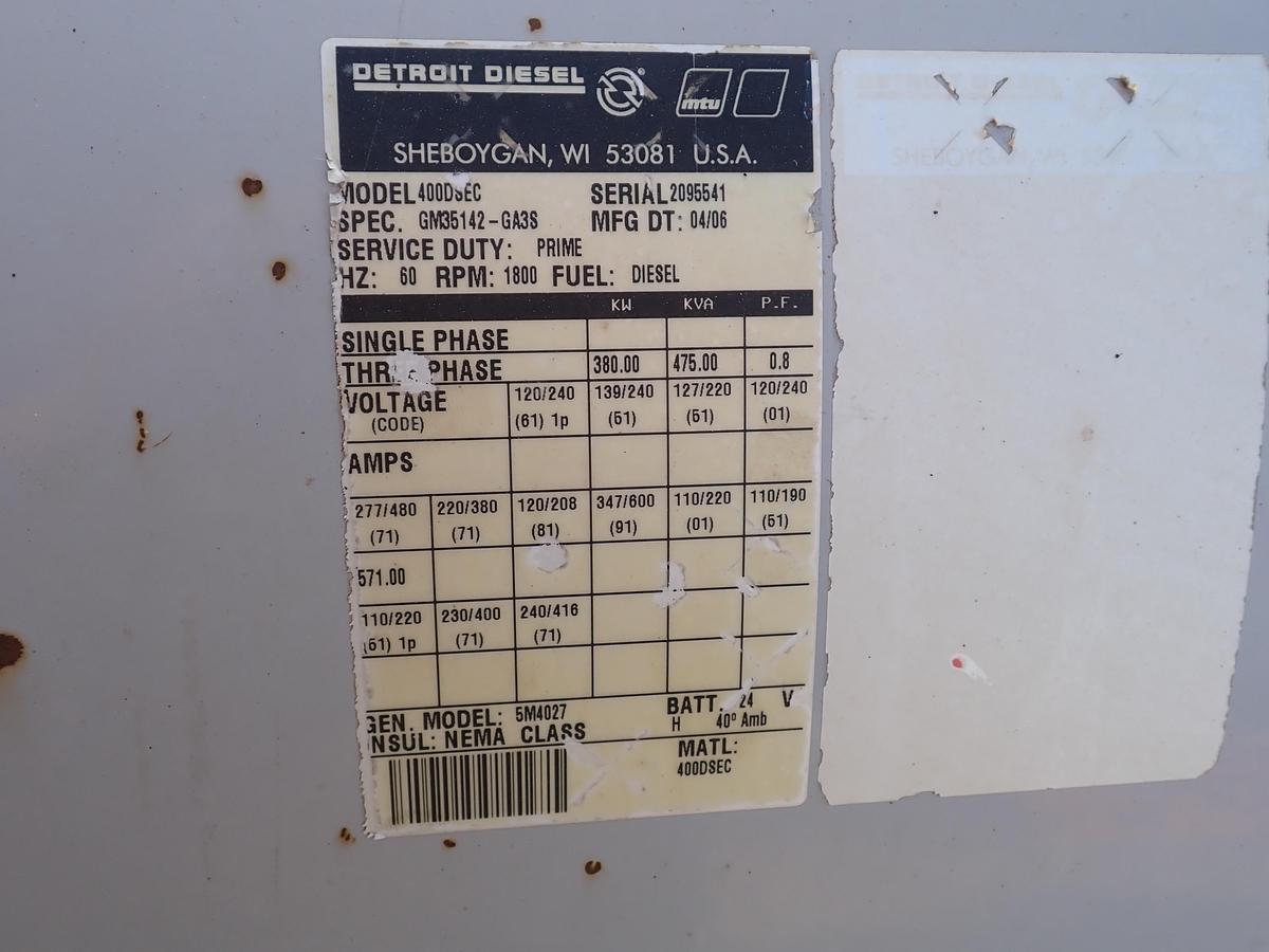 Used 2006 Detroit Diesel 400DSEC 380 KW Prime Generator