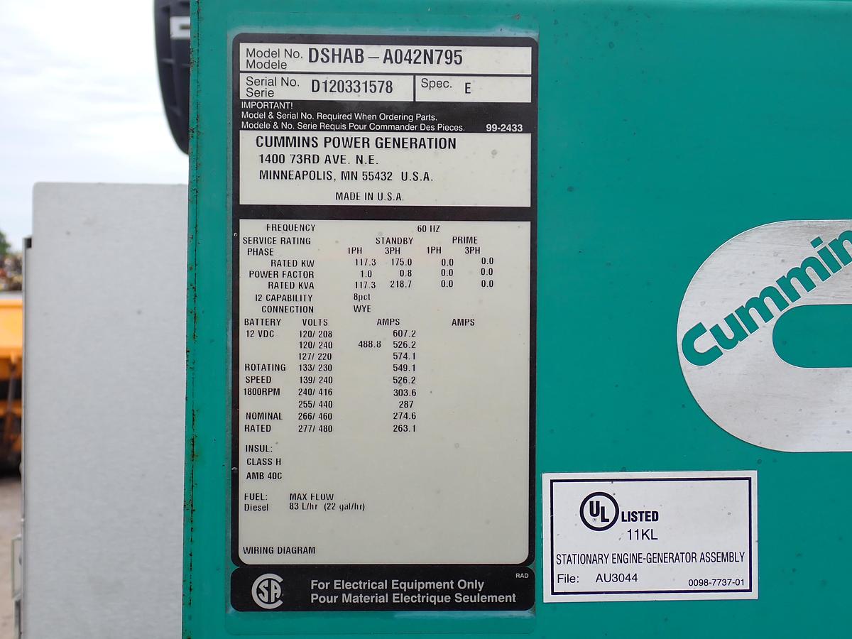 2012 Cummins DSHAB 175 KW Generator UNUSED!