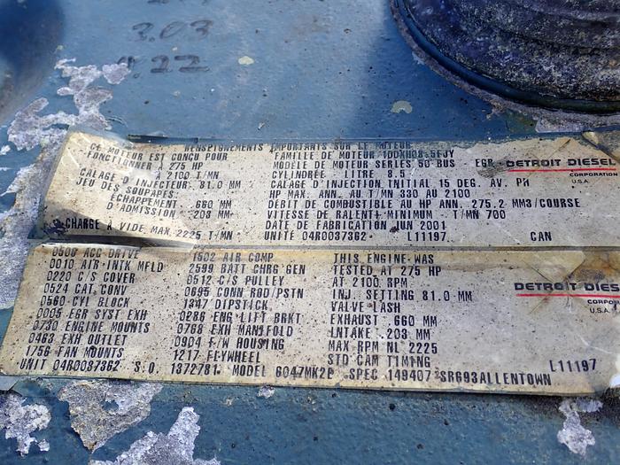 Used 2001 Detroit Diesel Series 50 8.5 Liter Diesel Engine GOOD RUNNER! 275 HP