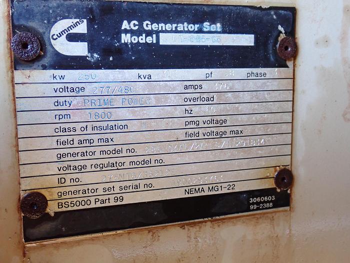 Used 1990 Cummins NT855-G6 250 KW Generator 1544 HOURS