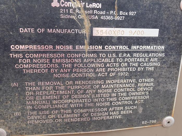 Used 2000 LeRoi Q185D 185 CFM Air Compressor CAT 3034 Diesel