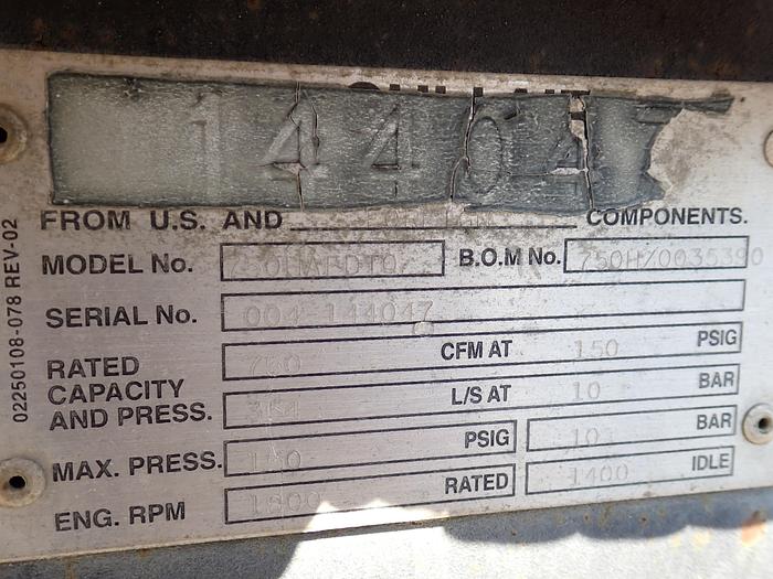 Used 2004 Sullair 750HAFDTQ 750 CFM Portable Air Compressor 