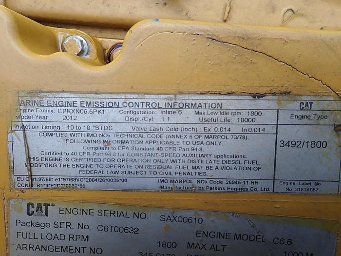 Used 2012 CAT C6.6 Marine Diesel Engine