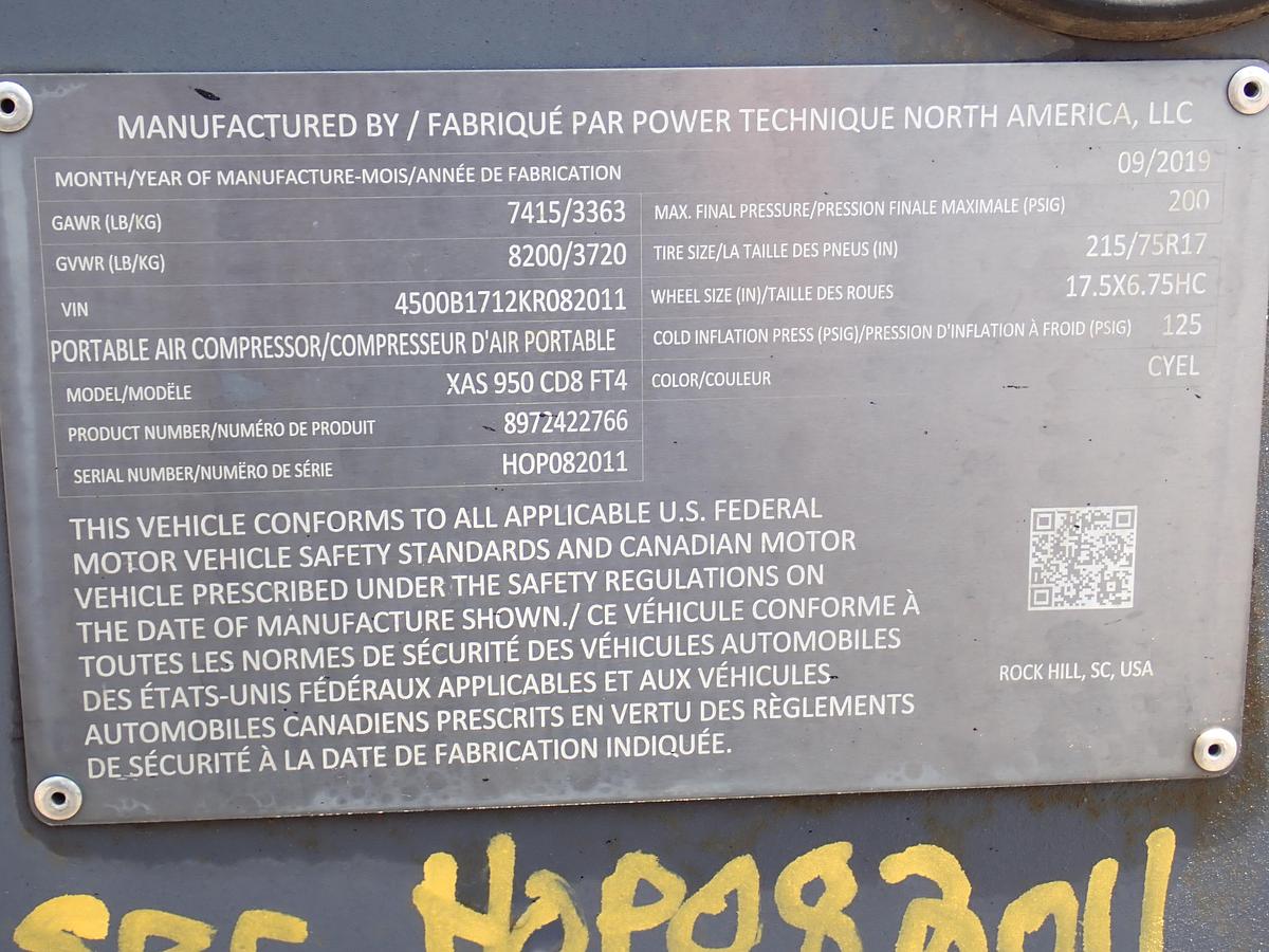 Used 2019 Atlas Copco XAS950CD8 950 CFM Air Compressor 1496 HOURS