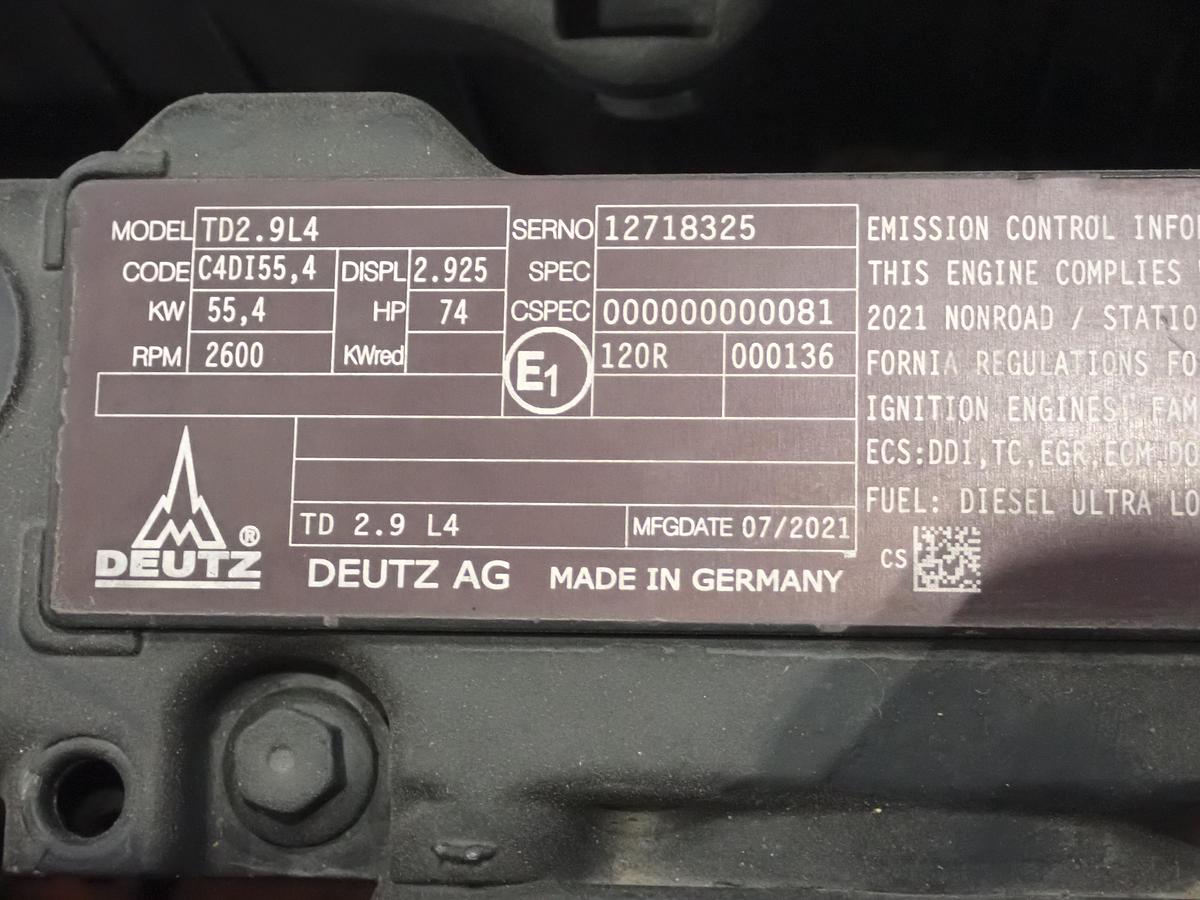 Used 2021 Deutz TD2.9 L4 Diesel Engine LOW HOURS