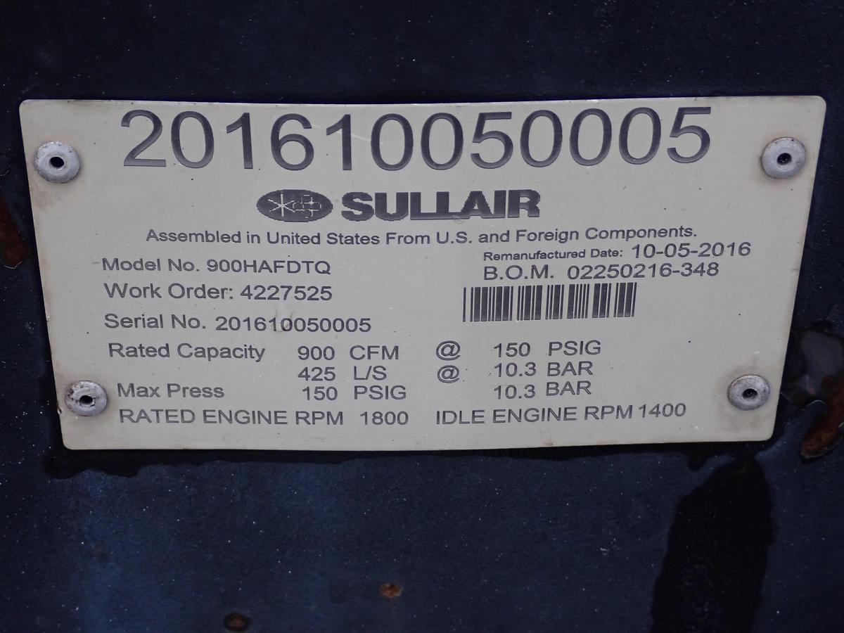 Used 2016 Sullair 900HAFDTQ 900 CFM Air Compressor
