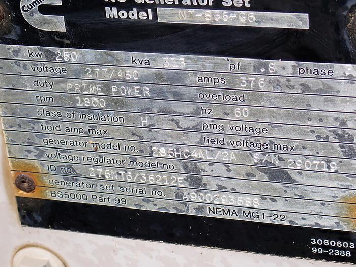 Used 1990 Cummins NT855-G6 250 KW Generator 1168 HOURS!