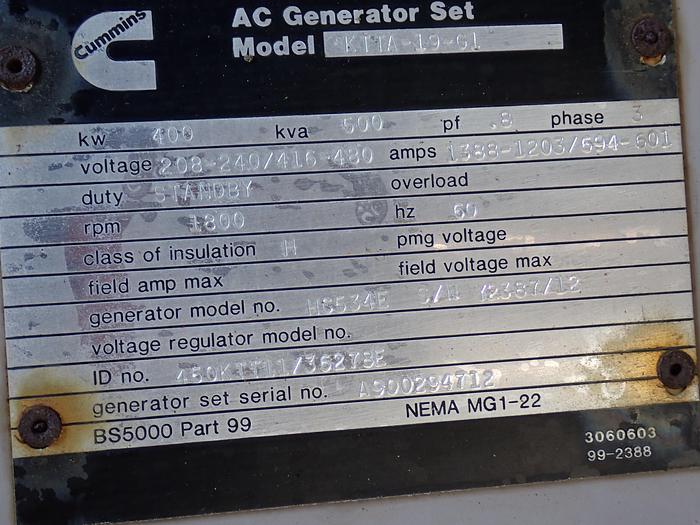 Used 1990 Cummins KTTA19-G1 400 KW Standby Generator 1307 HOURS!