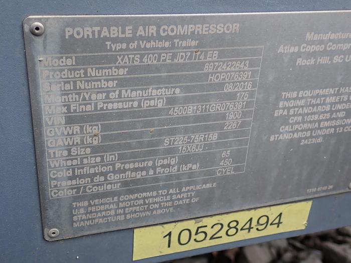 Used 2016 Atlas Copco XATS400 Air Compressor 400 CFM
