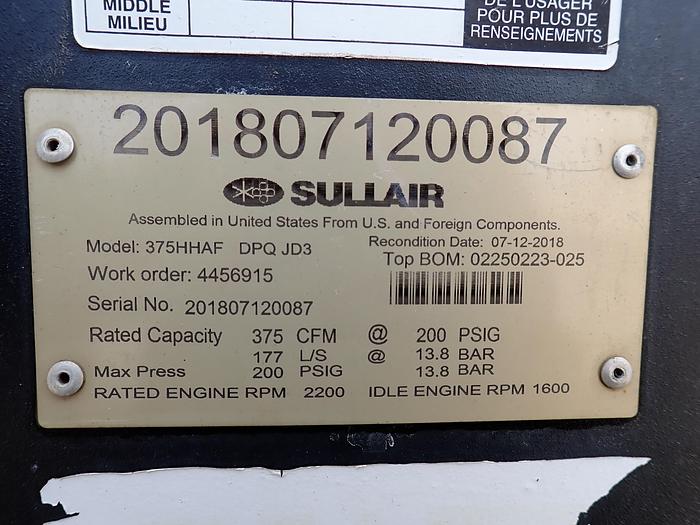 Used 2018 Sullair 375HHAFDPQJD3 Air Compressor 200 PSI Aftercooled!