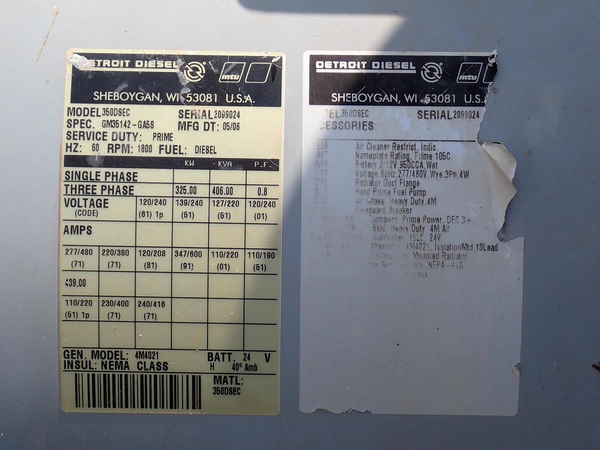 Used 2006 Detroit Diesel 325 KW Generator 12.7 LITER