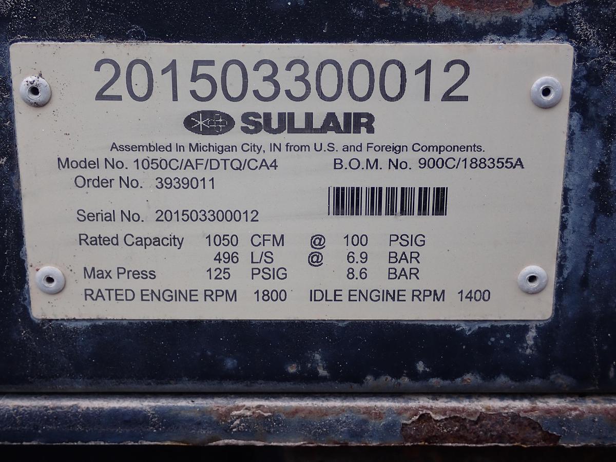 Used 2015 Sullair 1050C AF 1050 CFM Air Compressor 