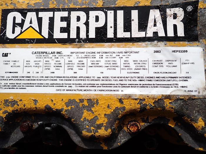 Used 2003 Caterpillar 3126E Diesel Engine 250 HP HEP