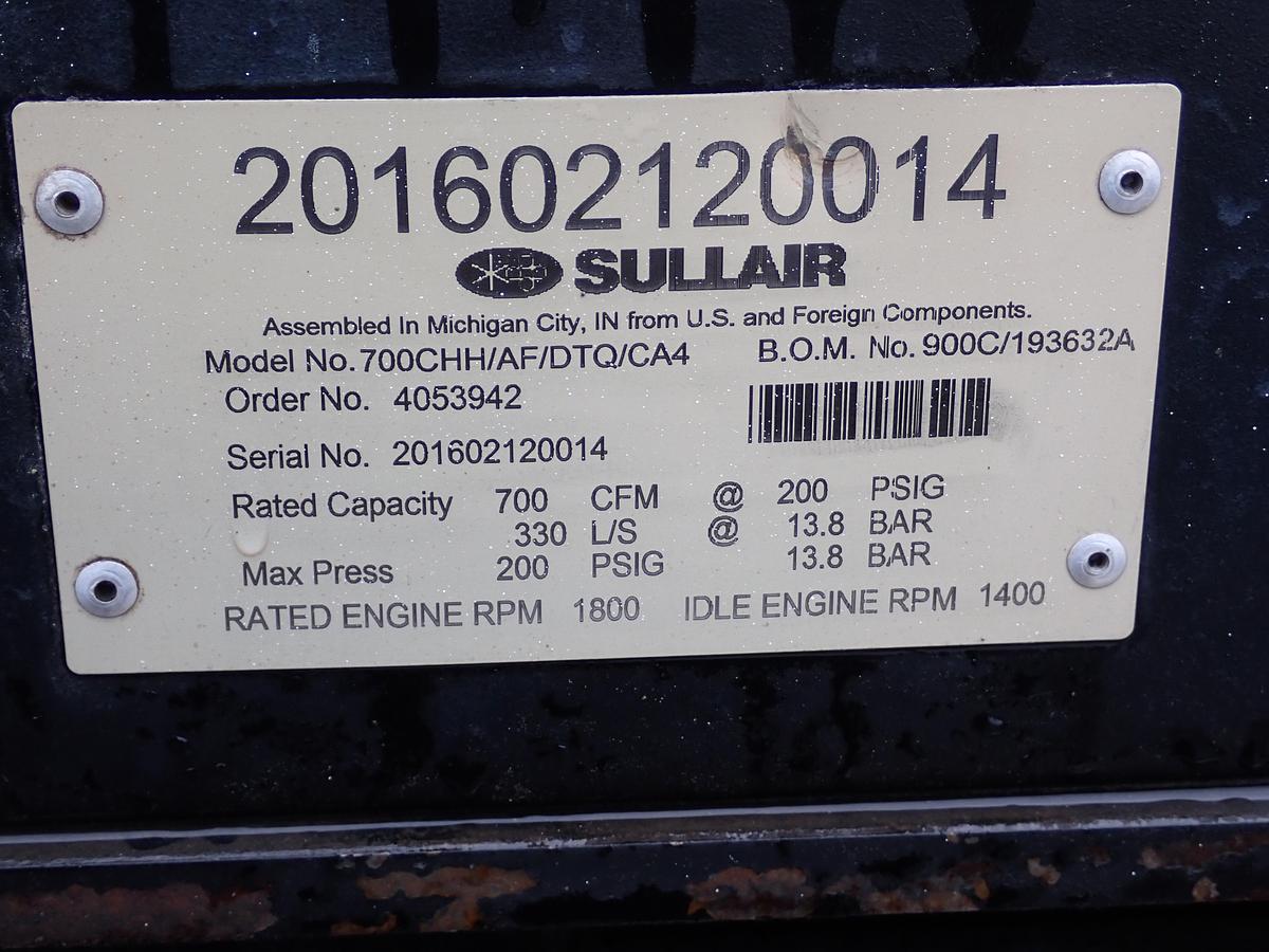 Used 2016 Sullair 700HH-AF/DTQ 700 CFM Air Compressor 200 PSI!