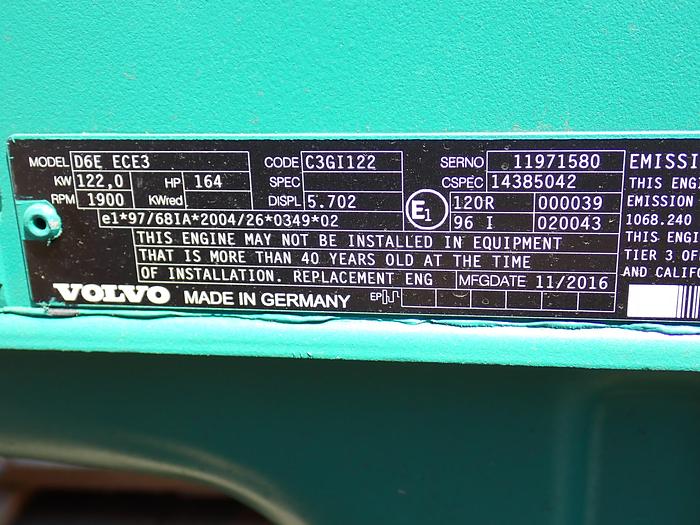 2016 Volvo D6E ECE3 Diesel Engine EW180C Excavator