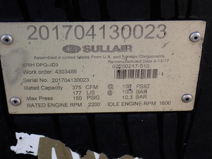 Used 2017 Sullair 375HDPQ 375 CFM Air Compressor JOHN DEERE DIESEL