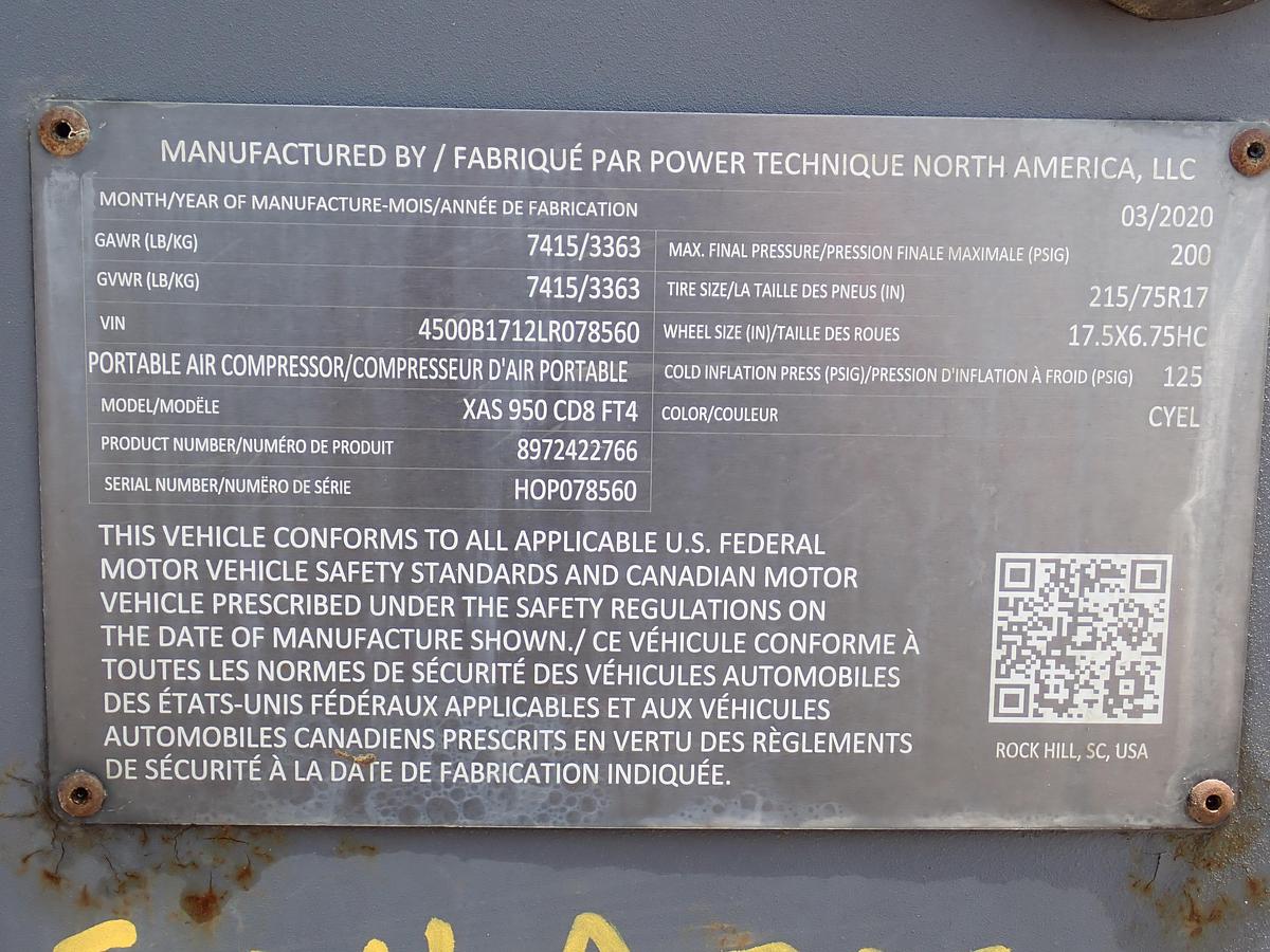 Used 2020 Atlas Copco XAS950CD8 950 CFM Air Compressor 842 HOURS