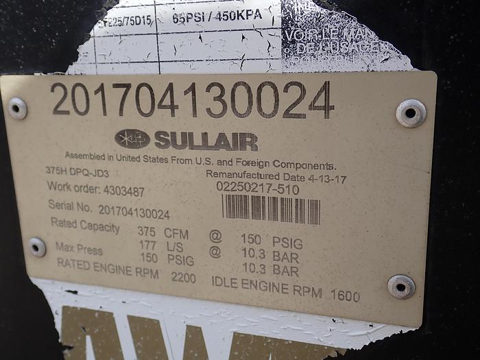 Used 2017 Sullair 375HDPQ JD3 Air Compressor